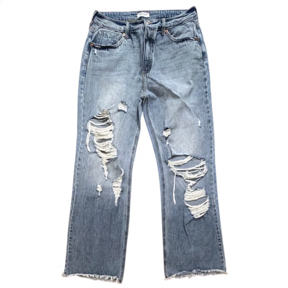 Artemis Vintage Distressed Straight Leg Jeans Light Wash Raw Hem Women 13/30